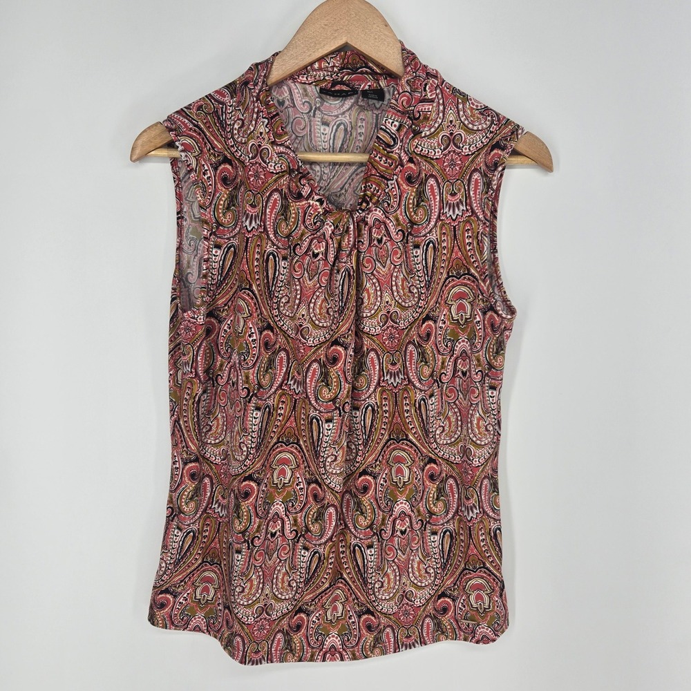 Tahari Sleeveless Top Womens L Pink Gold Paisley High Neck Keyhole Knit‎ Blouse
